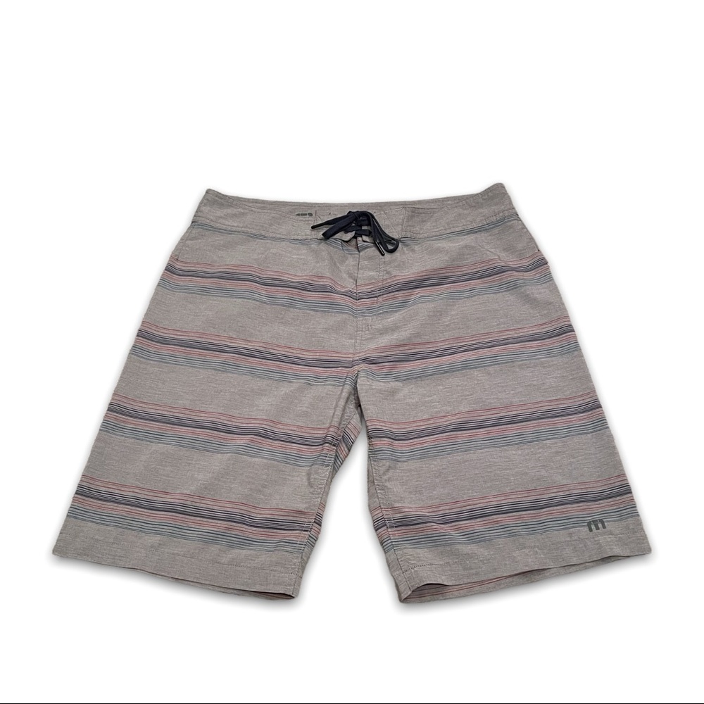 Travis Mathew Mens Drawstring Board Shorts Grey Striped Back Pocket